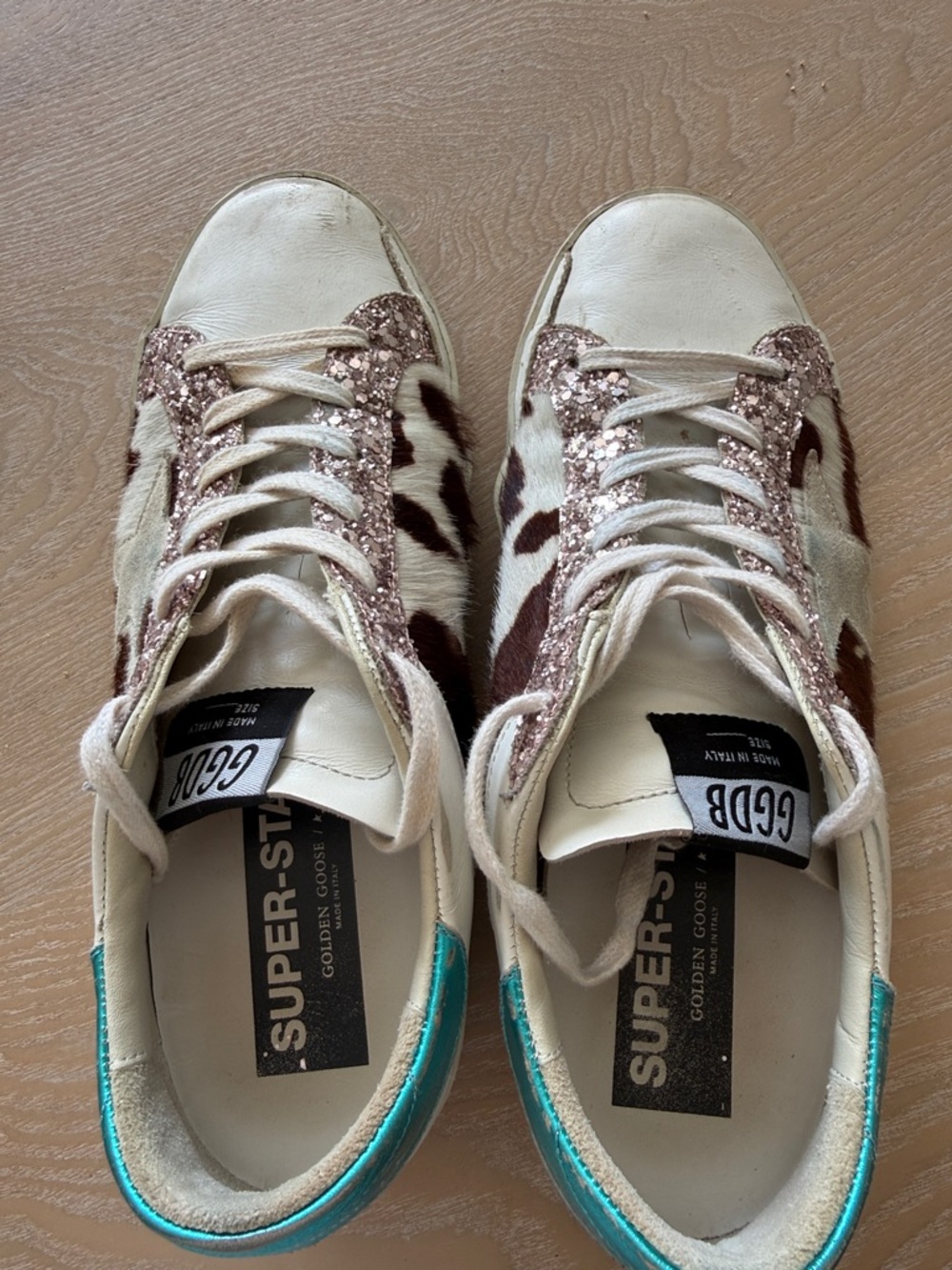 Golden Goose Superstars 39 Cow-Print Sneakers w Pink Glitter Trim and Teal Heel - Picture 7 of 8